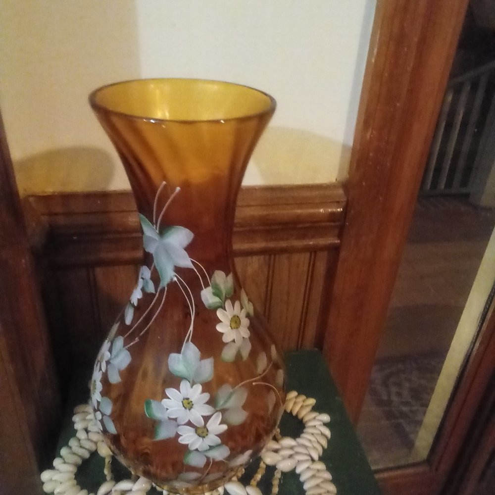 Bohemian Czech  amber hand painted vase amber 13 in large flowers  glass